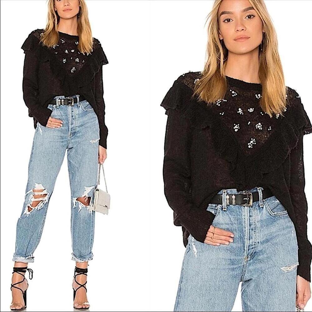 WILDFOX Alpaca Black Sheer Sweater Pearl Ruffle See Through COUTURE like new L - Picture 4 of 9